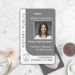 Modern Grey & White Custom Notary Photo ID Badge