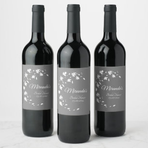 Modern Grey & White Floral Bridal Shower Wine Label