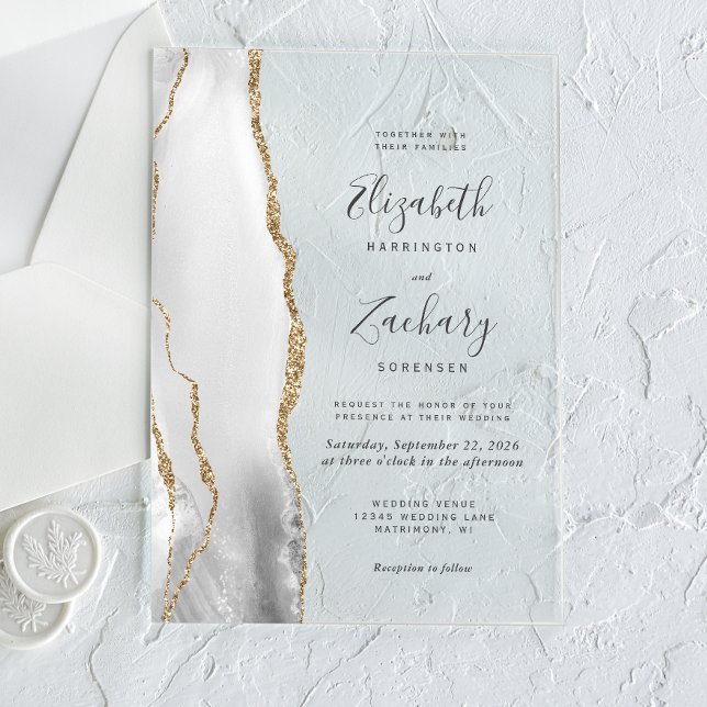 Modern Grey White Gold Agate Wedding Acrylic Invitations (Creator Uploaded)