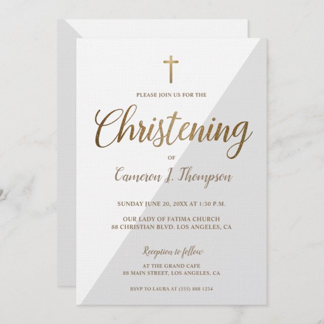 Modern Grey White Gold Christening baby Invitation (Front/Back)