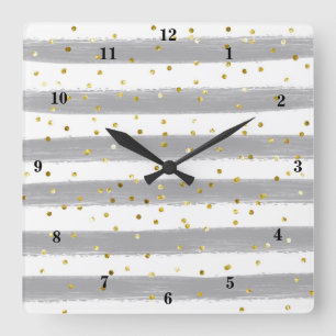 Modern Grey, White, Gold Stripes, Confetti Clock