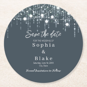 Modern Grey & White Hanging Lights Save the Date Round Paper Coaster