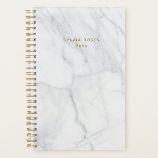 Modern Grey White Marble Personalised Planner (Front)