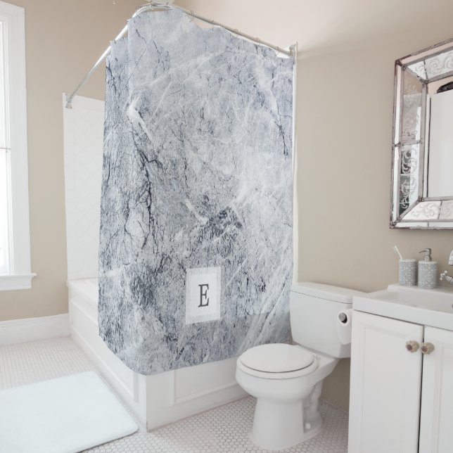Modern grey white marble stone pattern monogram shower curtain (In Situ)