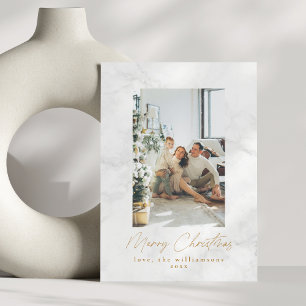 Modern Grey White Marble Two Photo Christmas Holiday Card