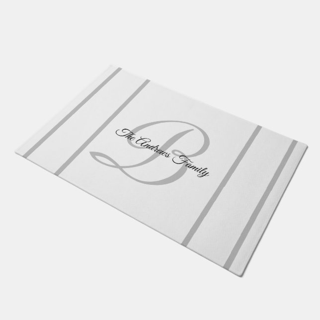 Modern Grey White Monogram Stripes Family Name   Doormat (Angled)