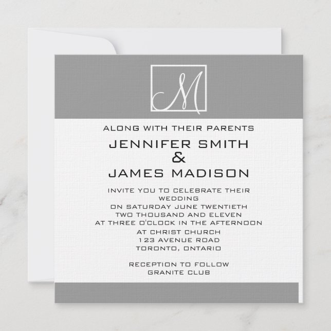 Modern Grey White Monogram Wedding Invitation (Front)
