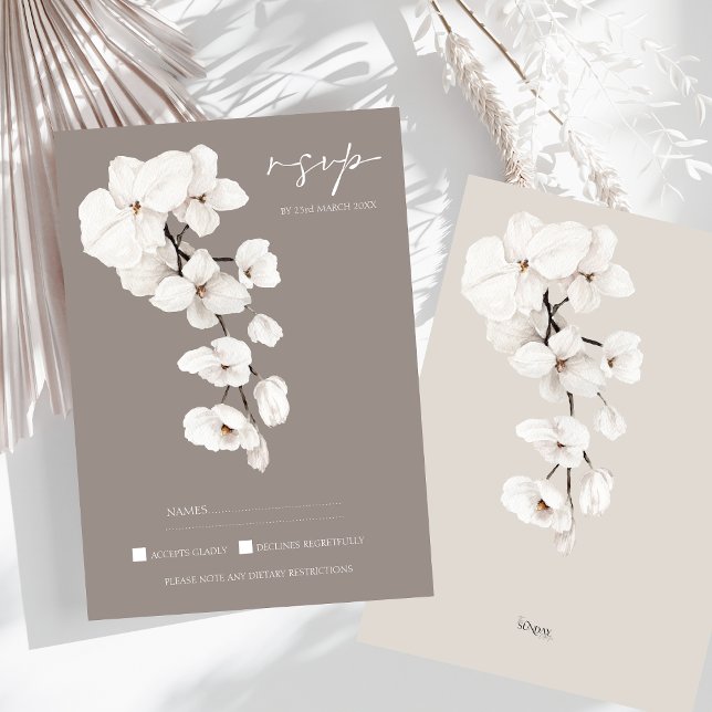 Modern Grey White Orchid Elegant Wedding RSVP Card (Modern Gray White Orchids Wedding RSVP Card)