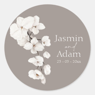 Modern Grey White Orchid Wedding Envelope Classic Round Sticker