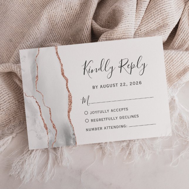 Modern Grey White Rose Gold Agate Wedding RSVP Card (Creator Uploaded)