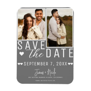 Modern Grey & White Save the Date 2 Photo Wedding Magnet