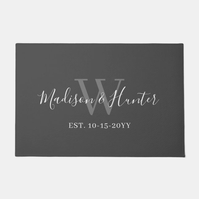 Modern Grey White Script Monogram Newlyweds Doormat (Front)