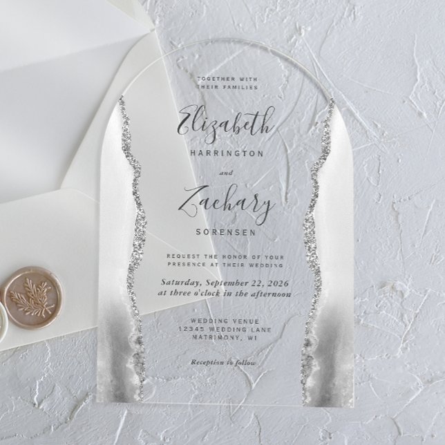 Modern Grey White Silver Agate Arch Wedding Acrylic Invitations (Creator Uploaded)
