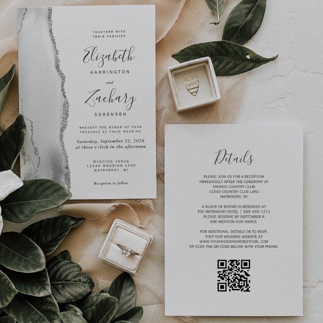 Modern Grey White Silver Agate QR Code Wedding Invitation (Creator Uploaded)