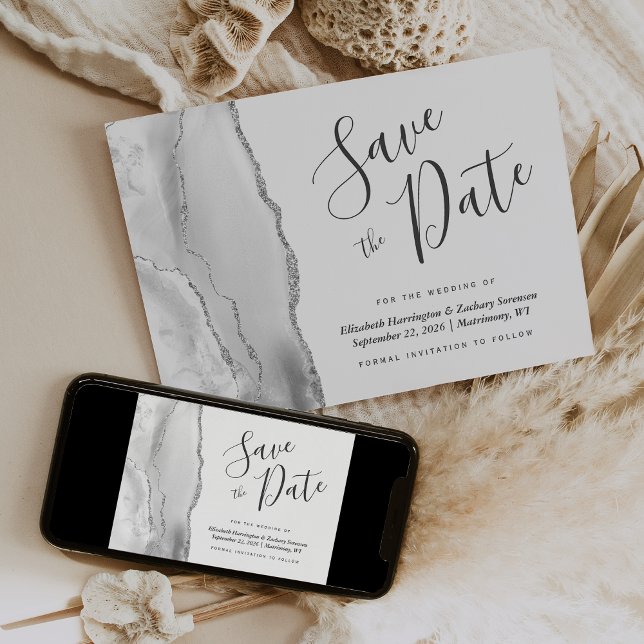 Modern Grey White Silver Agate Save the Date Card (Creator Uploaded)