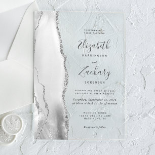 Modern Grey White Silver Agate Wedding Acrylic Invitations