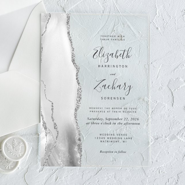 Modern Grey White Silver Agate Wedding Acrylic Invitations (Creator Uploaded)