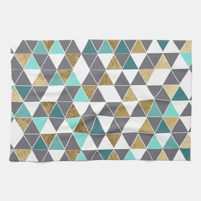 Modern Grey White Teal and Faux Gold Triangles Tea Towel (Horizontal)