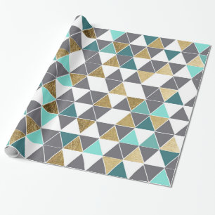 Modern Grey White Teal and Faux Gold Triangles Wrapping Paper