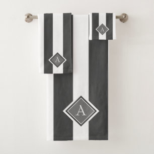 Modern Grey White Vertical Stripes Monogram Bath Towel Set
