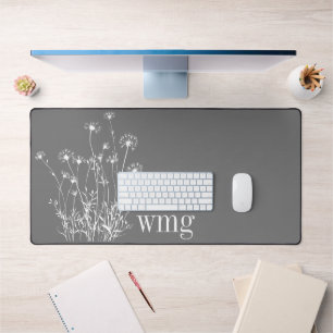 Modern Grey & White Wildflowers Monogram Desk Mat