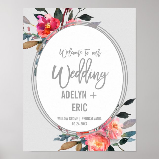Modern Grey | Winter Flower Wreath Wedding Welcome Poster (Front)