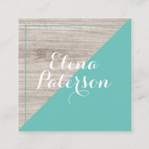Modern grey wood light teal colorblock handmade square business card