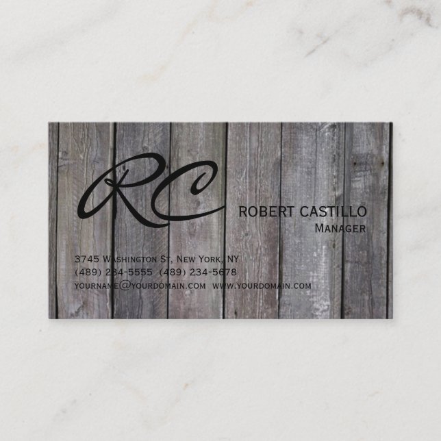 Modern Grey Wood Pattern Handwriting Monogram Business Card (Front)