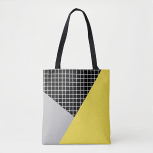 Modern grey yellow colour block grid tote bag