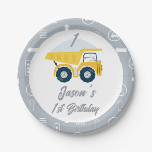 Modern Grey Yellow Dump Truck 1st Birthday Paper Plate