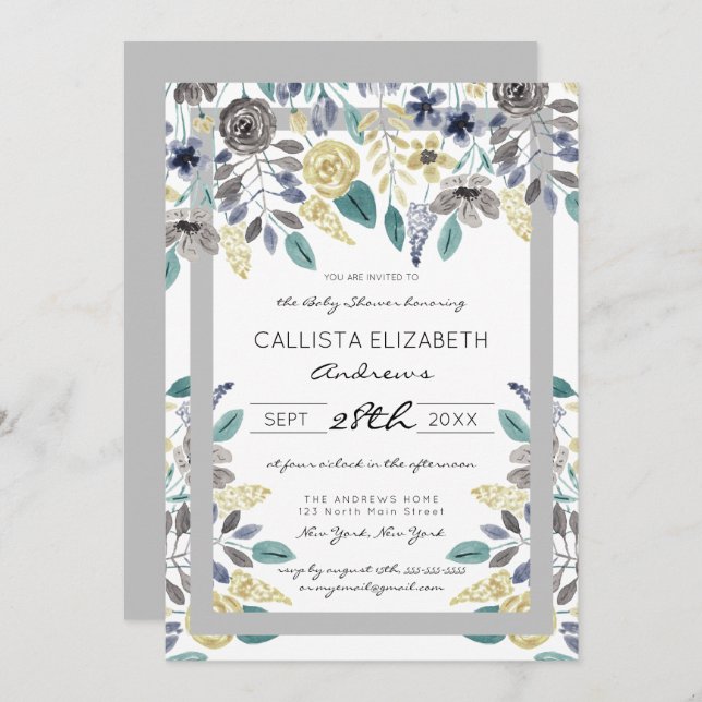 Modern Grey Yellow Floral Watercolor Baby Shower Invitation (Front/Back)