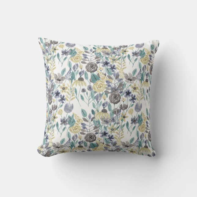 Modern Grey Yellow Floral Watercolor Pattern Cushion (Front)