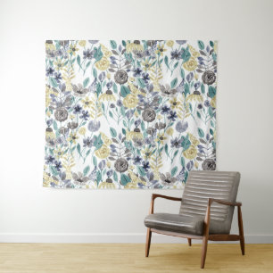 Modern Grey Yellow Floral Watercolor Pattern Tapestry