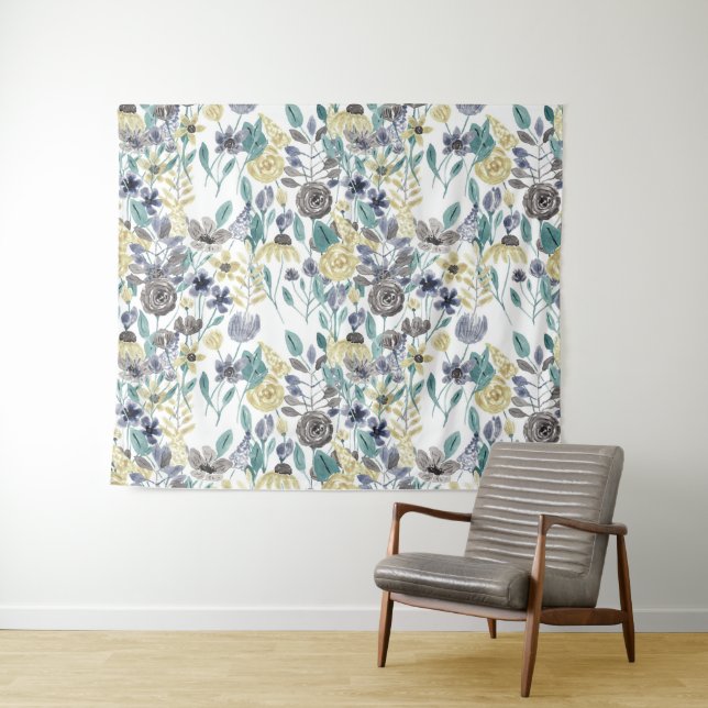 Modern Grey Yellow Floral Watercolor Pattern Tapestry (In Situ (Horizontal))