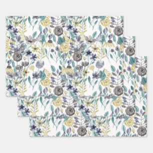 Modern Grey Yellow Floral Watercolor Pattern Wrapping Paper Sheet