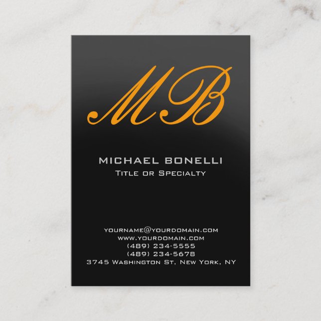 Modern grey yellow script monogram business card (Front)