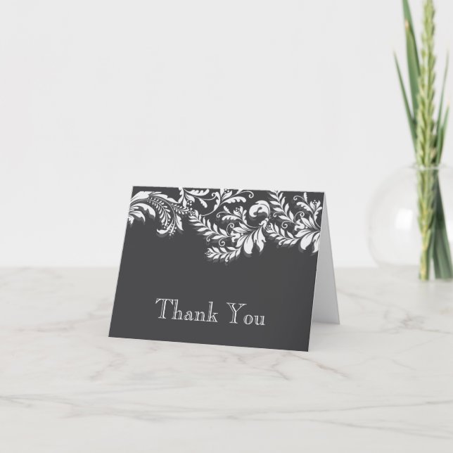 Modern GreyFloral Leaf Flourish Thank You Note Card (Front)