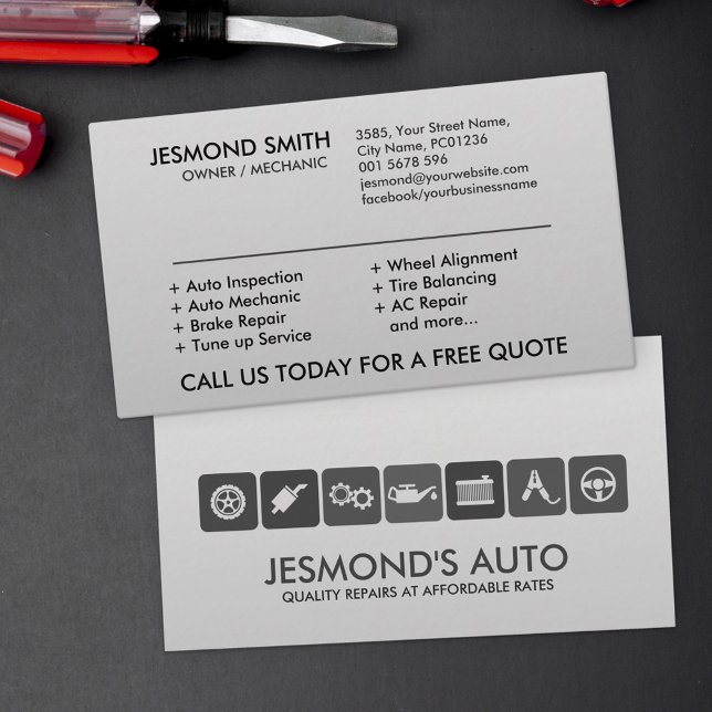 Modern Greyscale Mechanic Car Repair with icons Business Card (Creator Uploaded)