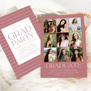 Modern Grid Dusty Rose 9 Photo Graduation Party Invitation