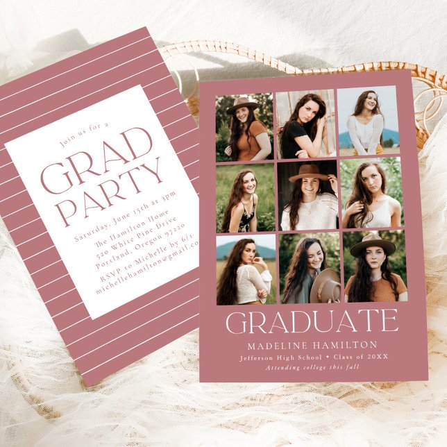 Modern Grid Dusty Rose 9 Photo Graduation Party Invitation (Creator Uploaded)