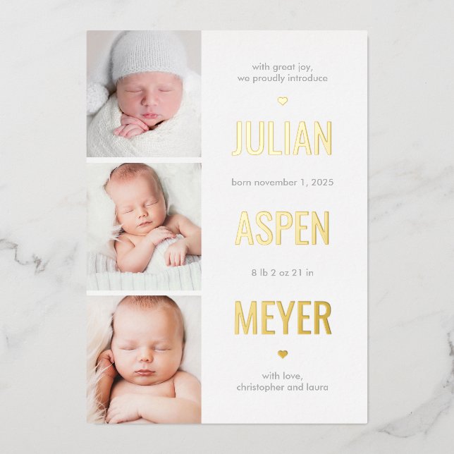 Modern Grid Foil Baby Birth Announcement (Front)