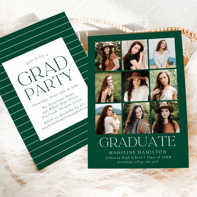 Modern Grid Green 9 Photo Collage Graduation Party Invitation (Creator Uploaded)