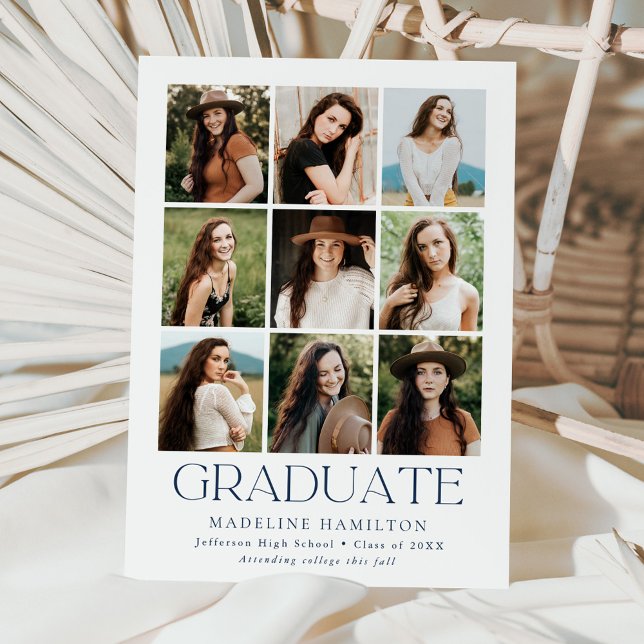 Modern Grid Navy 9 Photo Collage Graduation Announcement (Creator Uploaded)
