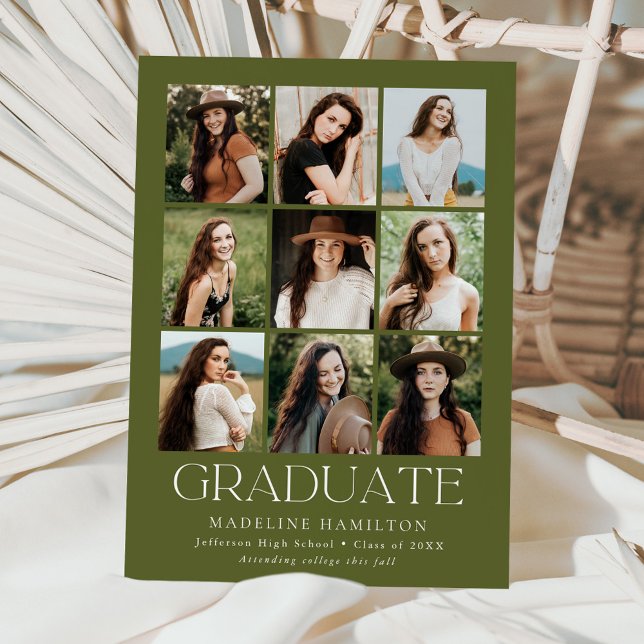 Modern Grid Olive Green 9 Photo Collage Graduation Announcement (Creator Uploaded)