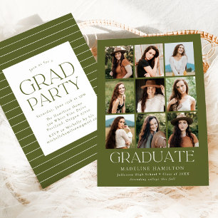 Modern Grid Olive Green 9 Photo Graduation Party Invitation