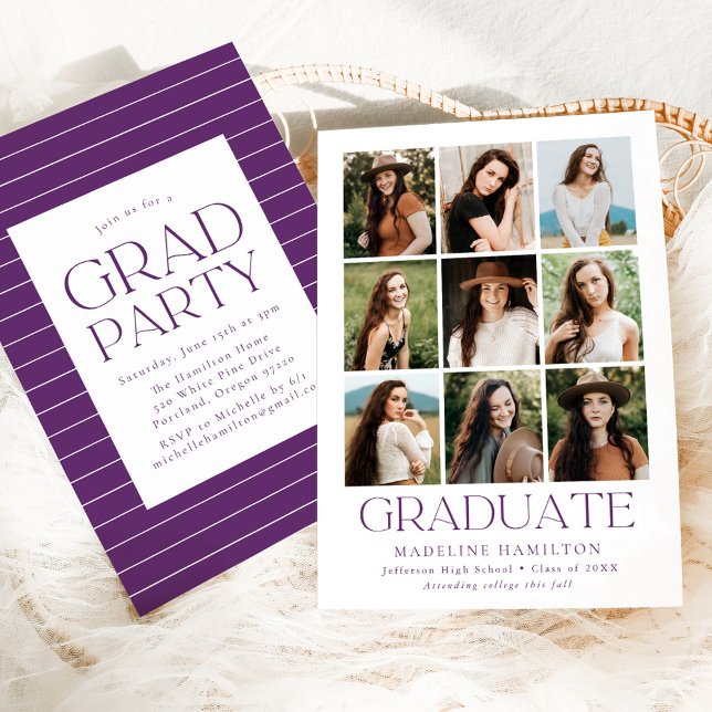 Modern Grid Purple 9 Photo Graduation Party Invitation (Creator Uploaded)