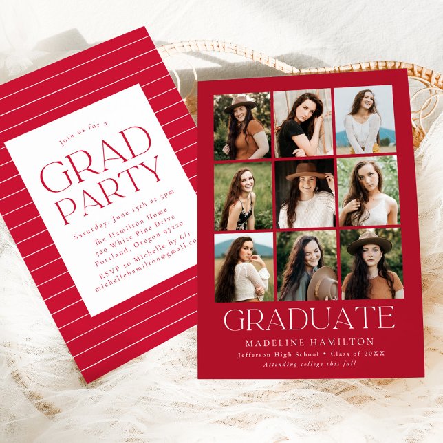 Modern Grid Red 9 Photo Graduation Party Invitation (Creator Uploaded)
