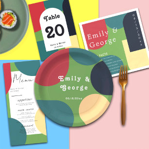 Modern Groovy Colourful Abstract Chic Retro Weddin Paper Plate