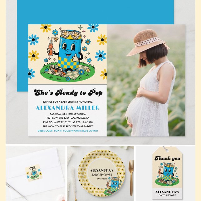 Modern Groovy Daisy Blue Yellow She's Ready to Pop Invitation (Creator Uploaded)