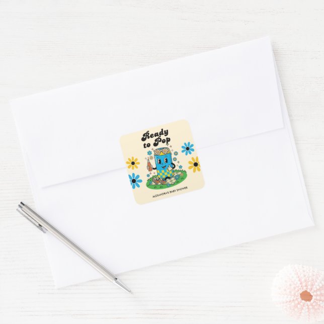 Modern Groovy Daisy Blue Yellow She's Ready to Pop Square Sticker (Envelope)